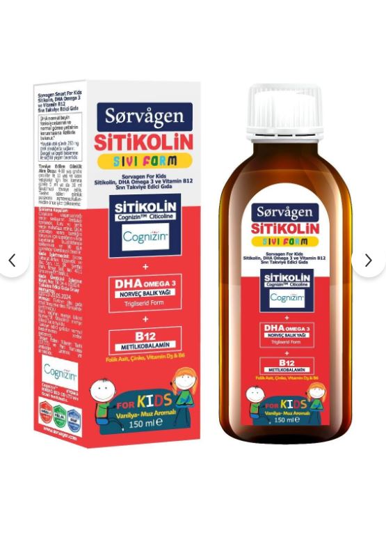 Sorvagen Kids Sıvı Form - Sitikolin DHA Omega 3 Norveç Balık Yağı ve B12 - 150 ml