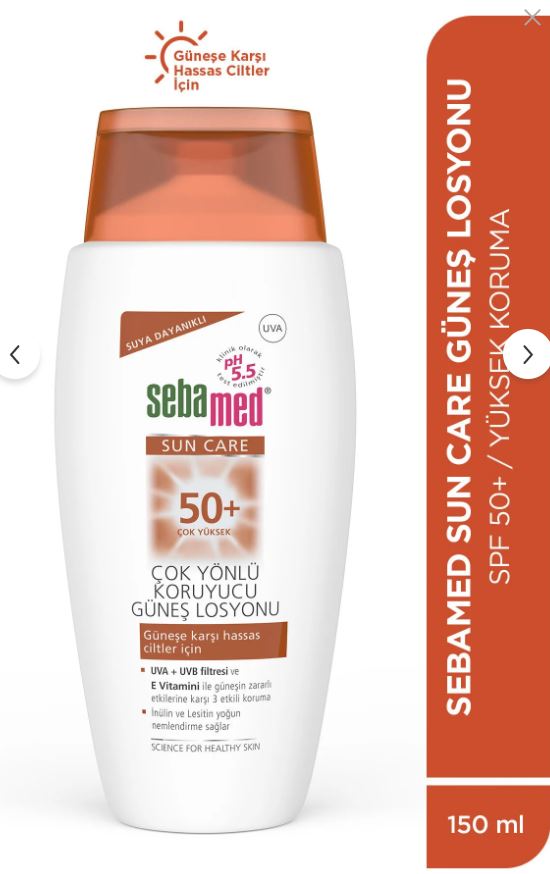 Sebamed Sun Care SPF 50+ UVA/UVB Filtresi ve E Vitamini Üçlü Yüksek Koruma Çok Yönlü Güneş Losyonu 150 ml